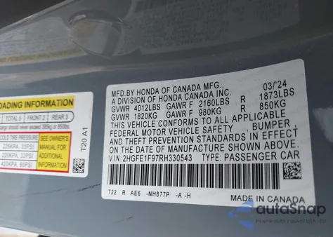 2024 Honda Civic Touring z USA, uszkodzony, nr VIN 2HGFE1F97RH330543